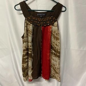 Simply French Blouse Top Scoop Neck Sleeveless Brown Red Beaded Lined